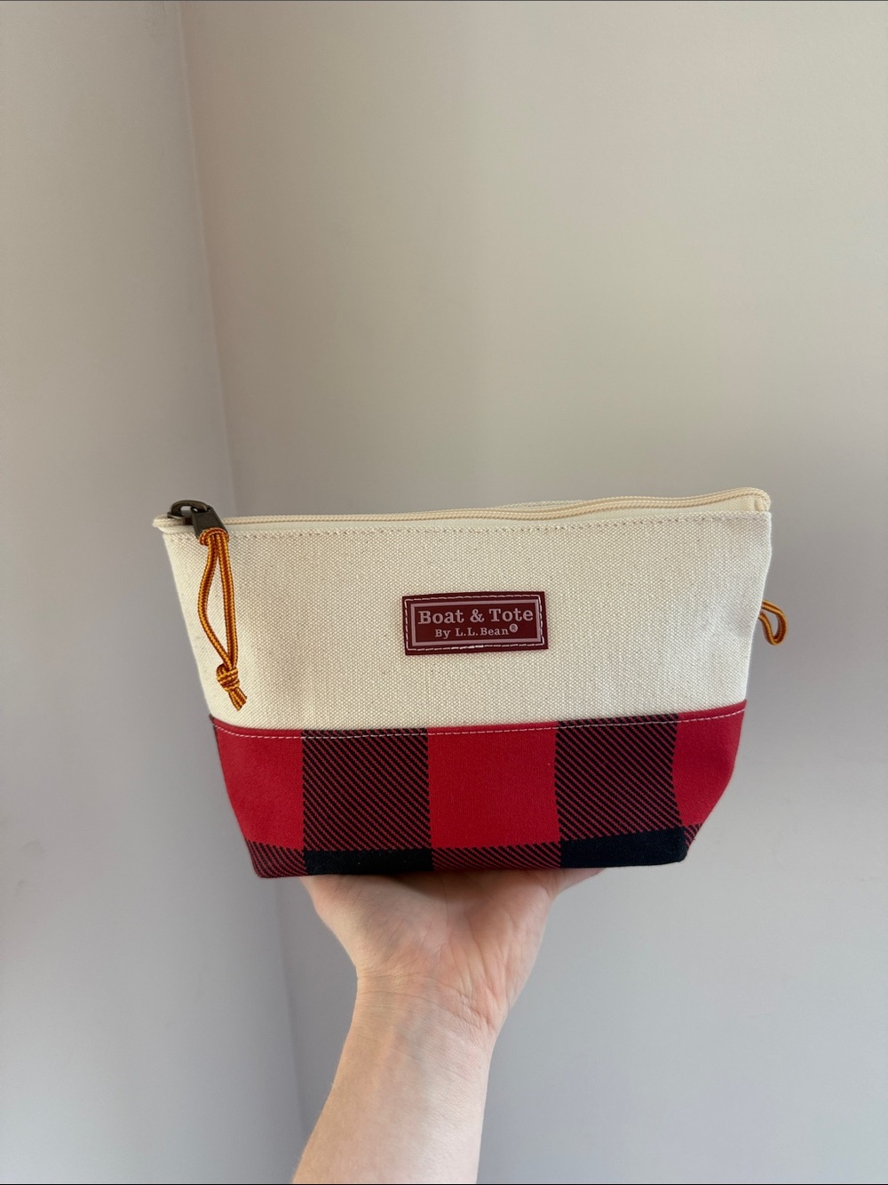 L.L. Bean Cream and Red Buffalo Check Canvas Cosmetic Pouch